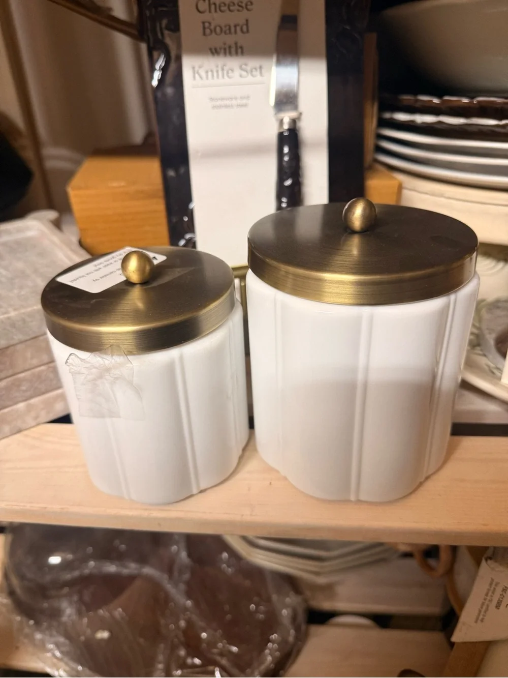 Large & Small Milk Glass Bath Canister w Metal Lid Brass Finish - Hearth & Hand